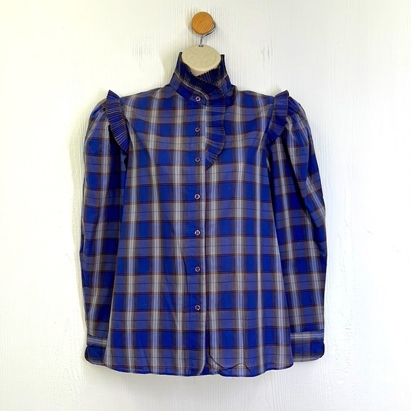 Amonard - Vintage Blue Gray Plaid Ruffle Button Down Blouse Size Small - Picture 1 of 10